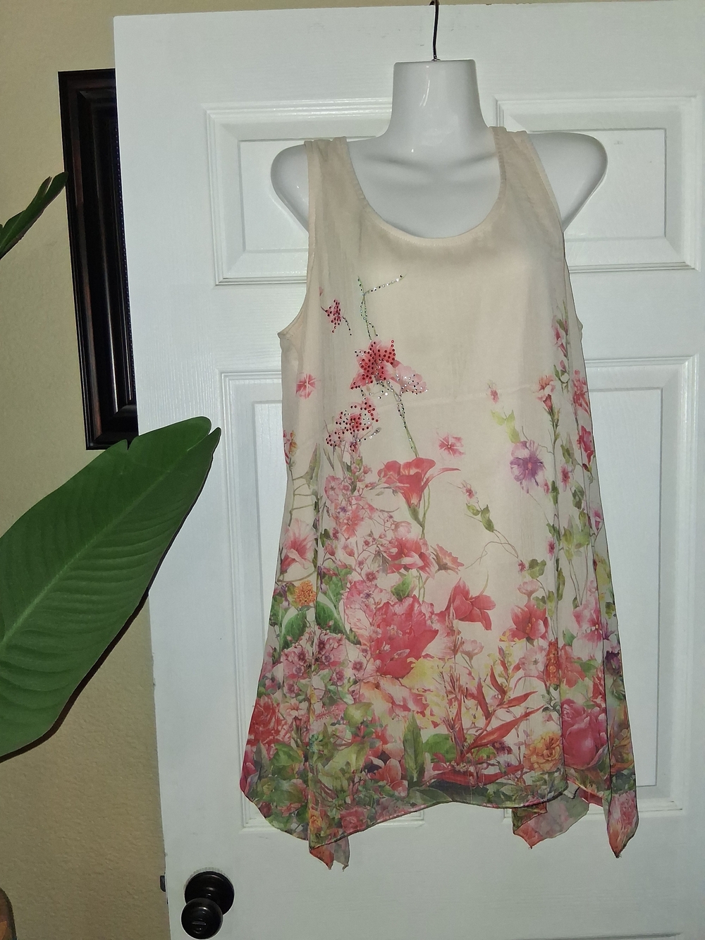 Vintage Y2K CAL STYLE Floral Asymmetric Tunic Tank Top XL - Made in USA Boho